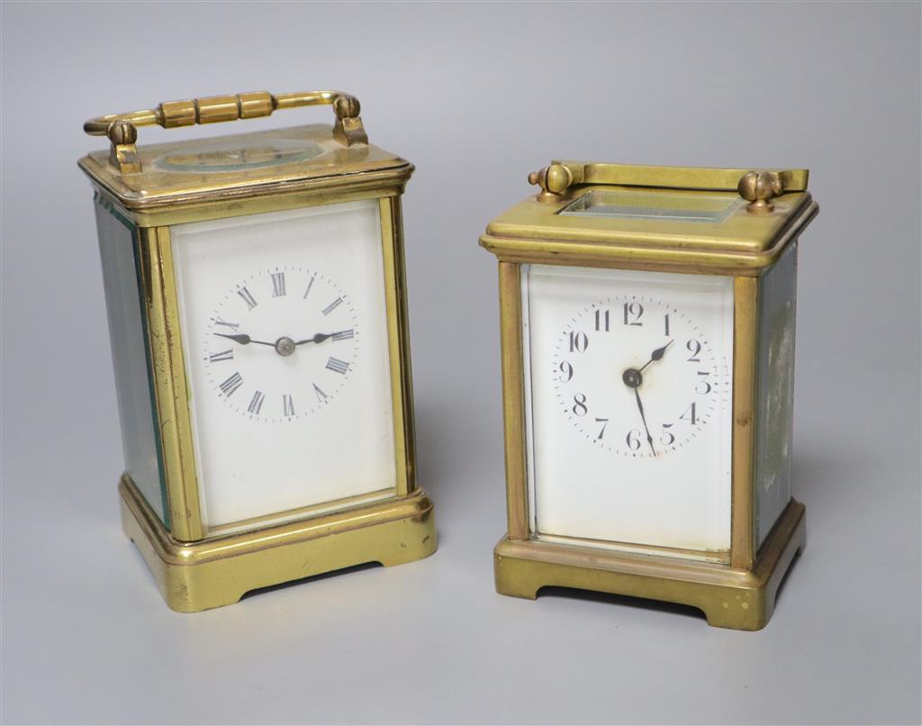 Two brass carriage timepieces, tallest 14cm with handle down